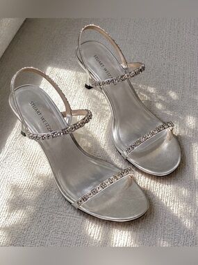 Stuart Weitzman Silver Crystal Strap Heels Sandals Size 10 Rhinestone Evening